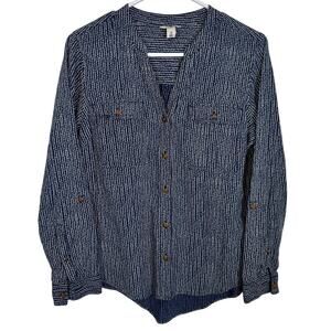 L.L. Bean Organic Cotton Gauzy Roll Tab Long Sleeve Shirt Navy Cream Print MED